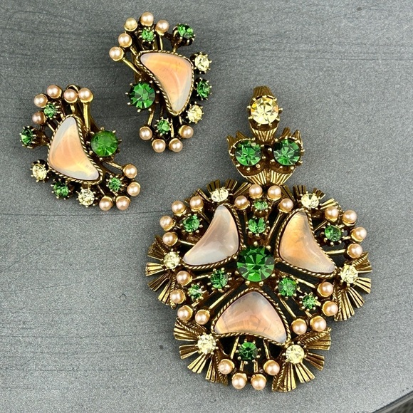 Incredible VINTAGE Florenza Set Earrings, Pendant Green Rhinestone 60s Moonglow - Picture 1 of 8